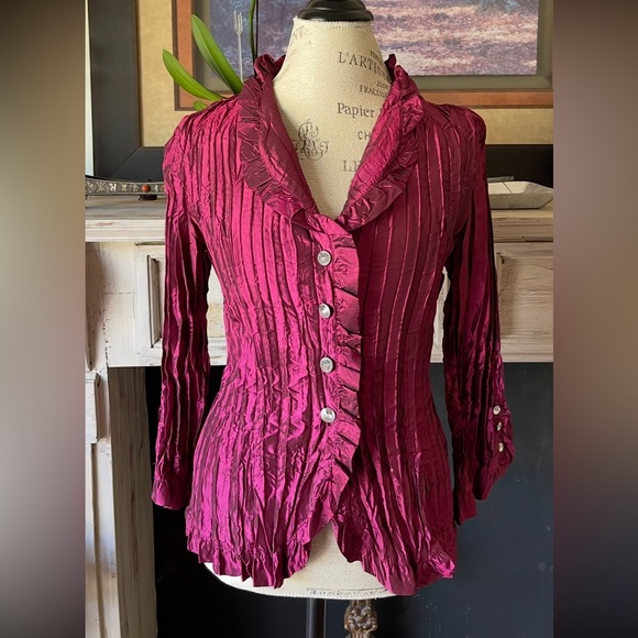 Piano Tops - PIANO Maroon Iridescent Crinkle Blouse w/ Crystal Buttons Shawl Collar E…